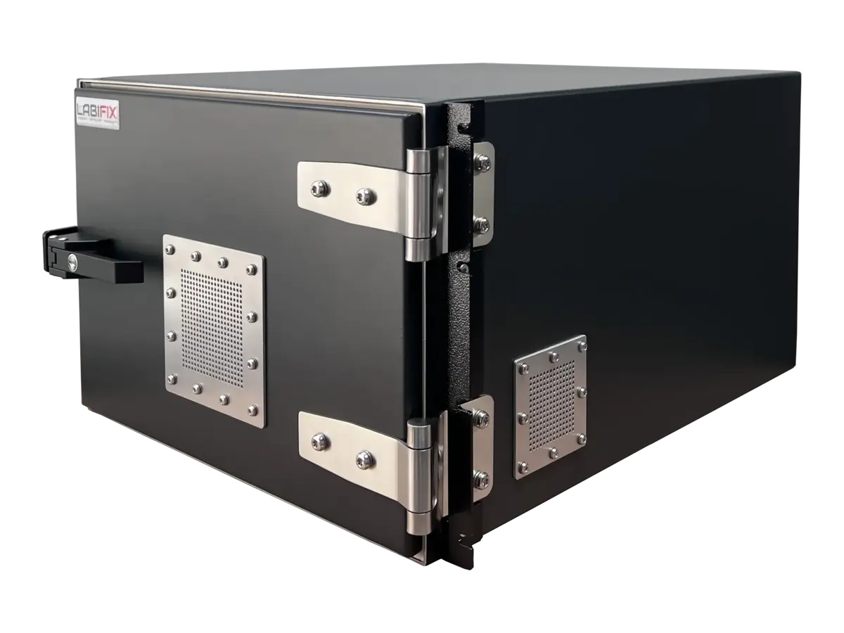 front-left view of LBX2002 rackmount rf shielded enclosure system in production test rack