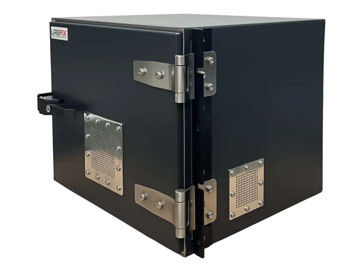 front-left view of LBX2100 rackmount rf shielded enclosure system in synchronized test setup