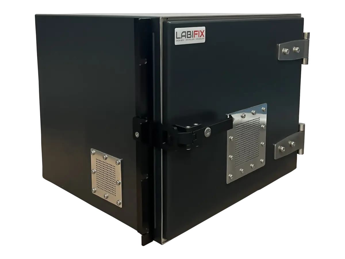 LBX2100 rf shielded enclosure system front-right view in automated production testing line