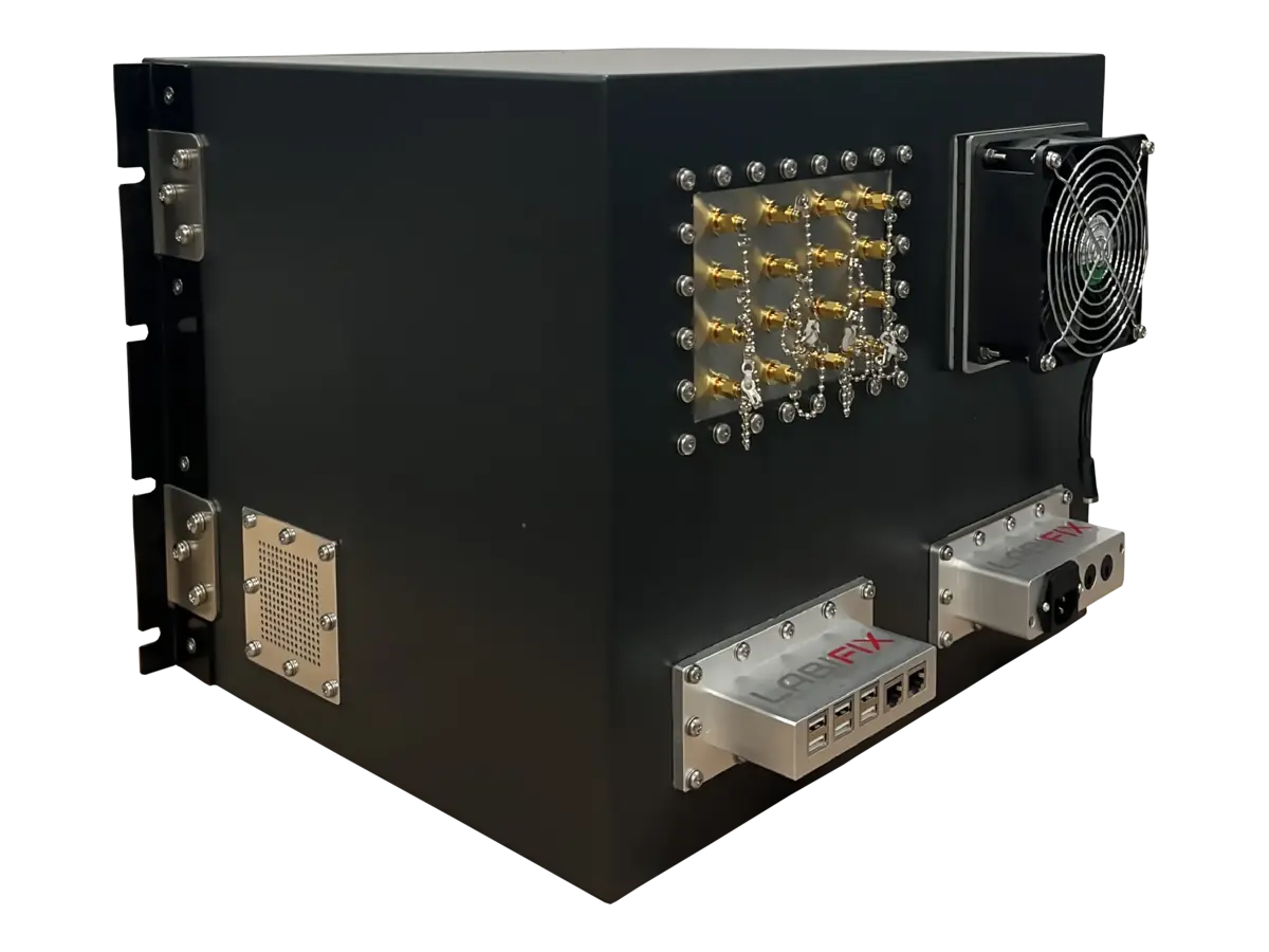 LBX2100 rf enclosure system rear-left view in telecom and semiconductor validation setup