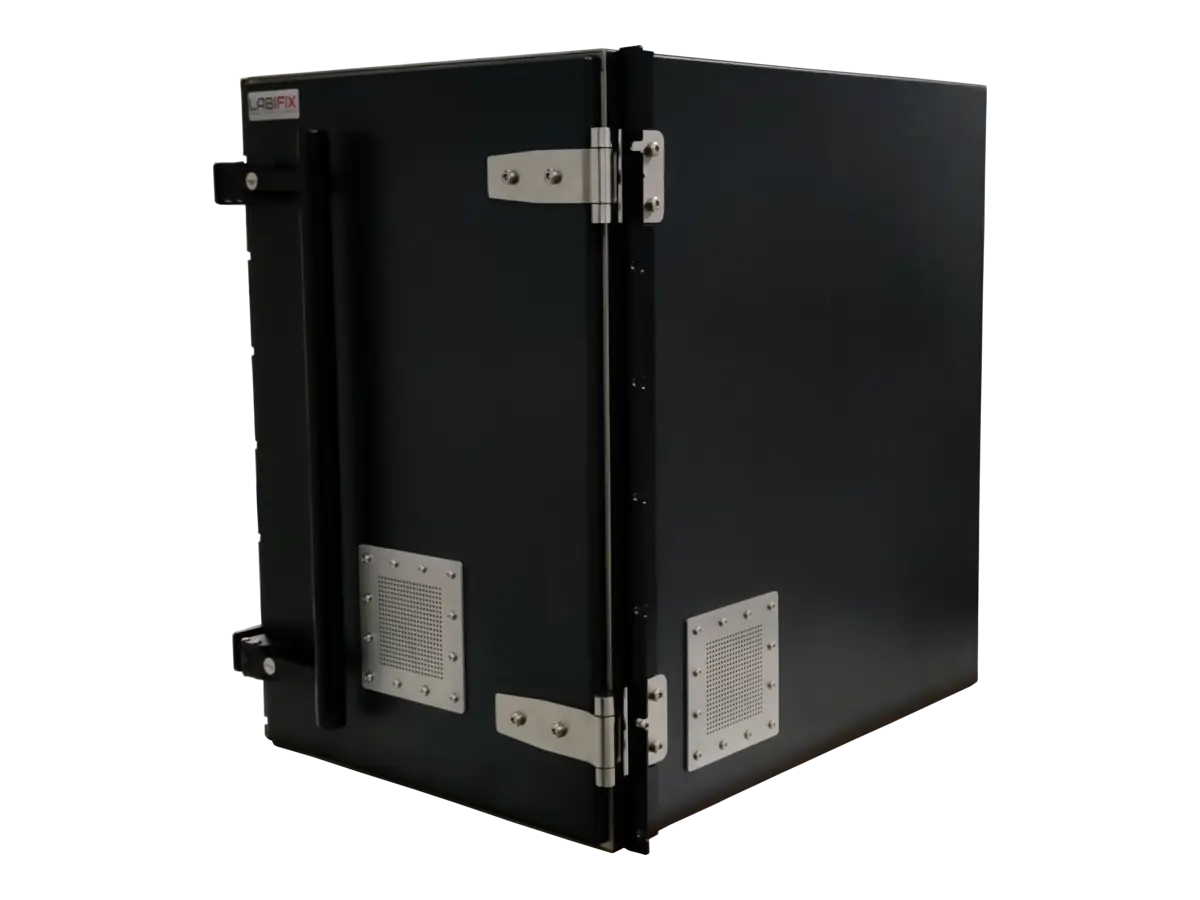 front-left view of LBX4020 rackmount rf shielded enclosure system in coordinated test setup