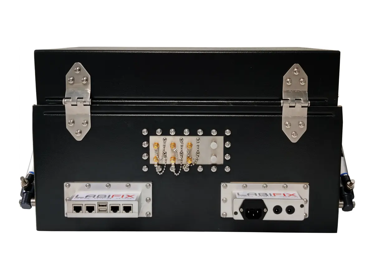 rear view of LBX3500 pneumatic RF test box with pneumatic controls and industrial RF interfaces