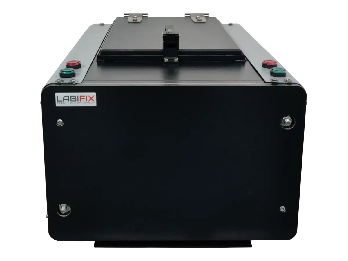 rear view of LBX3100 pneumatic RF test enclosure with automation controls and RF interfaces