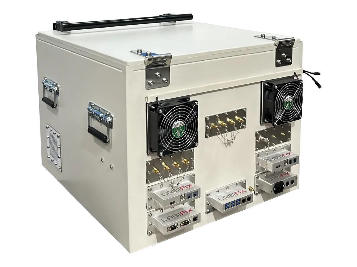 rear view of LBX3560 benchtop rf testing enclosure with rf connectors and control interfaces