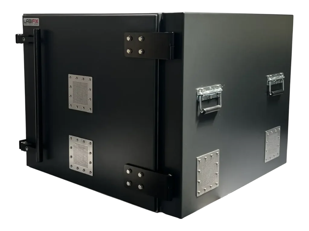 front-left view of LBX5800 benchtop rf test enclosure for satellite communication hardware validation