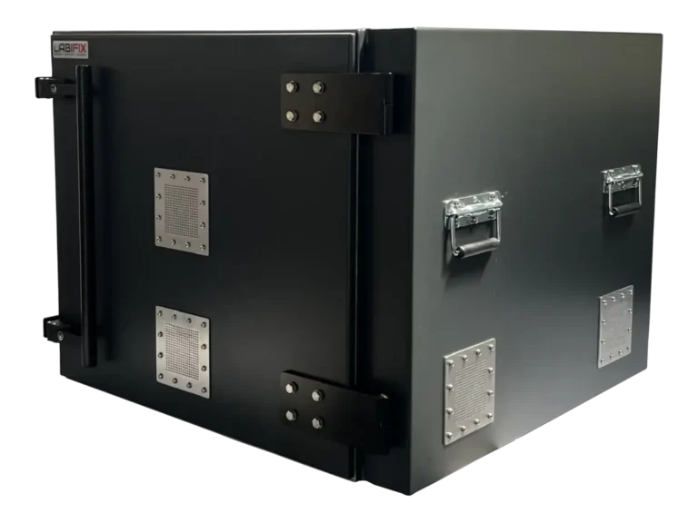front-left view of LBX5800 benchtop rf test enclosure for satellite communication hardware validation