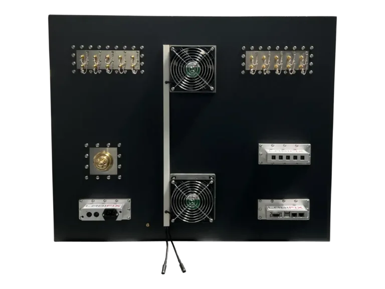 rear view of LBX5800 benchtop rf test enclosure with integrated rf interfaces and controls