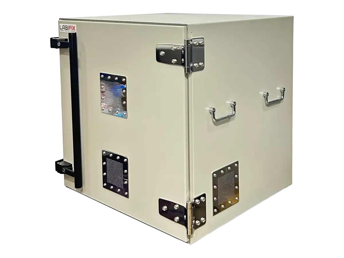 front-left view of LBX6550 benchtop rf test enclosure for telecom certification testing