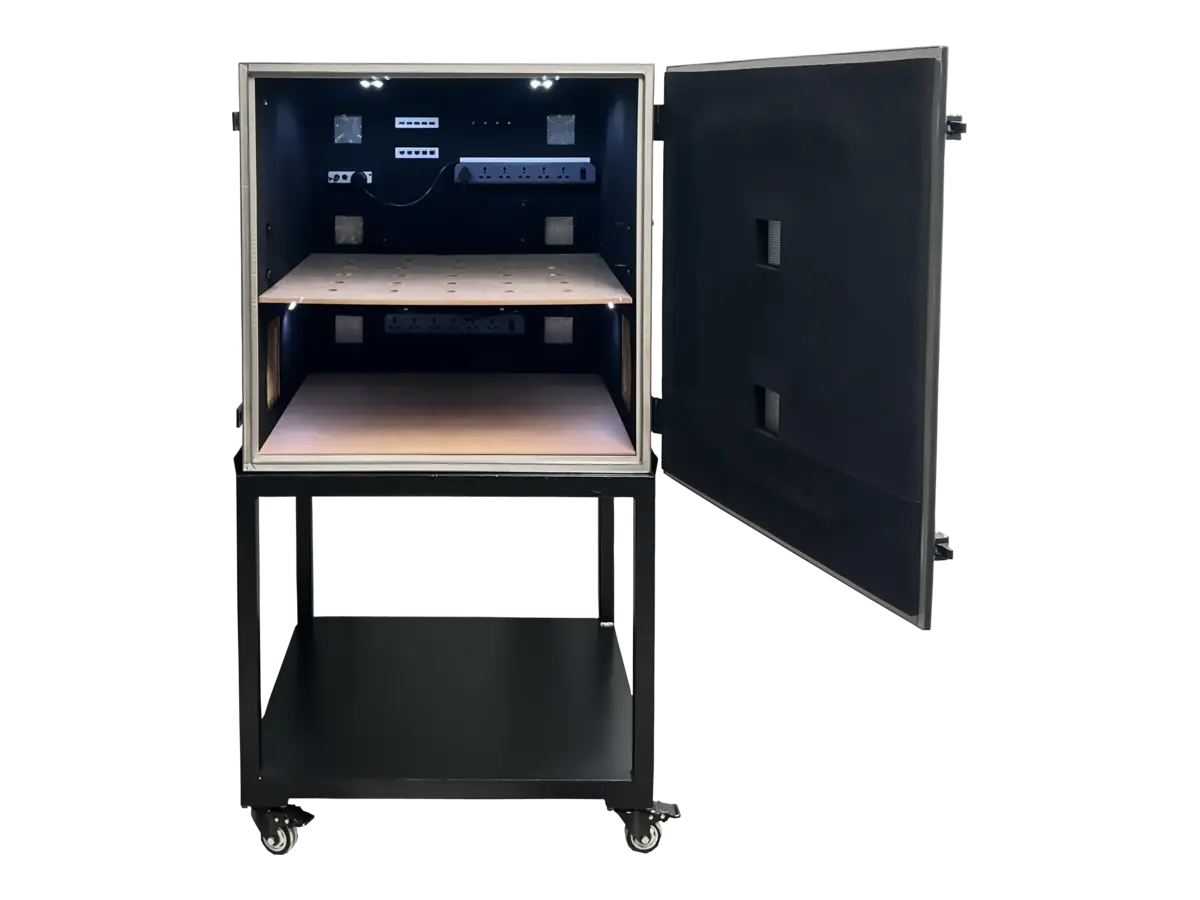 interior view of LBX7800 standalone shielded anechoic chamber for antenna characterization and OTA analysis