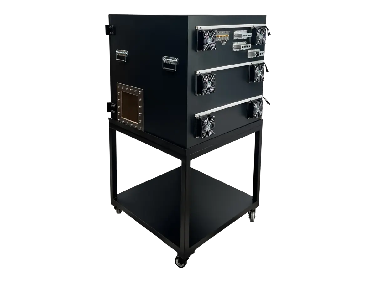 LBX7800 standalone shielded anechoic chamber rear-left view for medical electronics and cybersecurity testing