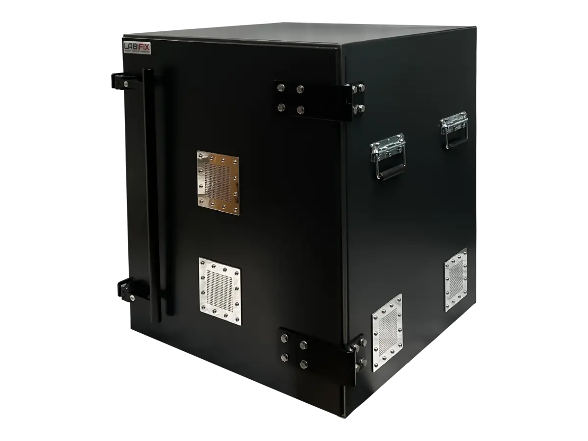 front-left view of LBX6020 compact benchtop rf shielded enclosure for edge communication device testing
