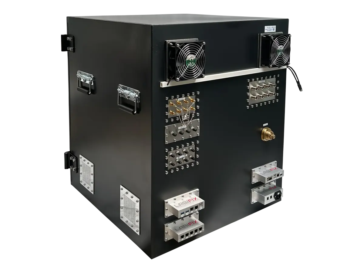 LBX6020 small benchtop rf enclosure rear-left view for remote monitoring hardware validation