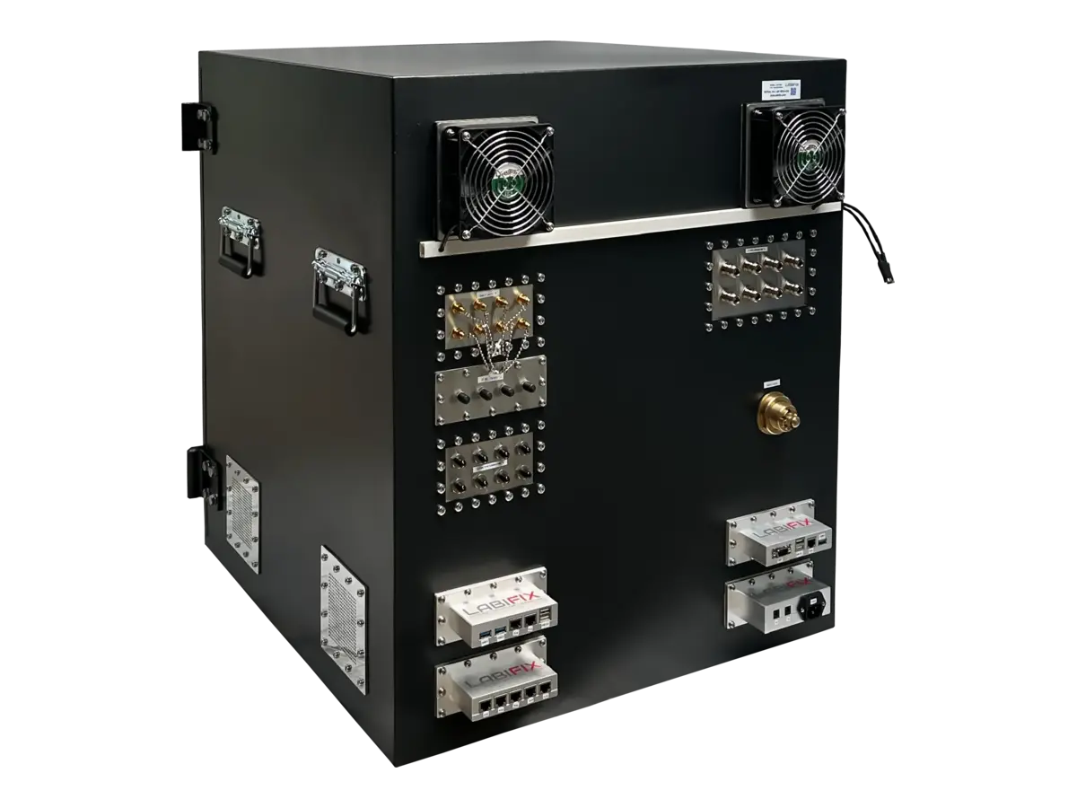 rear view of LBX6020 portable rf shielding enclosure with rf interfaces for field instrumentation